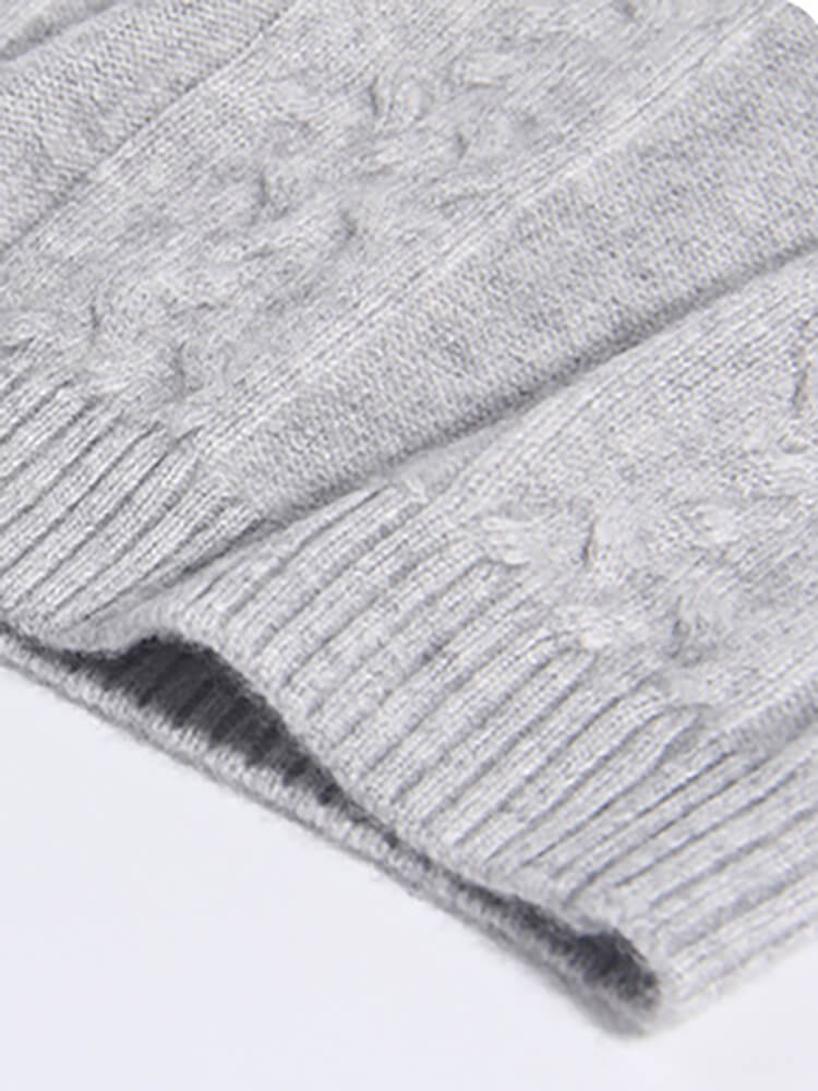 Girls Light Gray Cable Knit Cashmere Sweater with Ruffled Collar